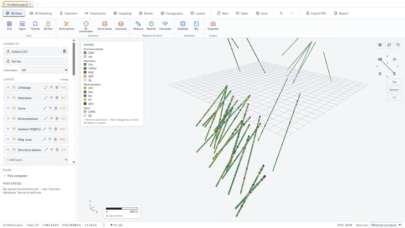 GeoStrix 3D view: drillholes coloured by alteration, mineralization and veins, with a legend and a reference grid